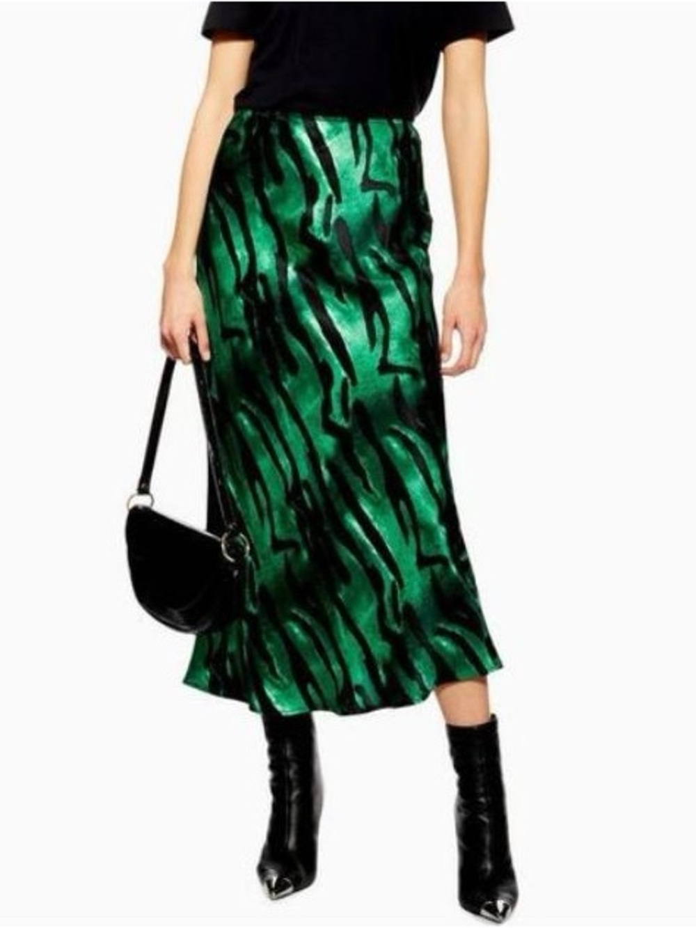 Topshop Green Satin Zebra-Print Midi Skirt